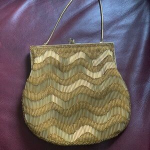 Vintage Gold Beaded Evening Bag • 7x7 Purse • Wavy Beads • 5.5” Handle Art Deco
